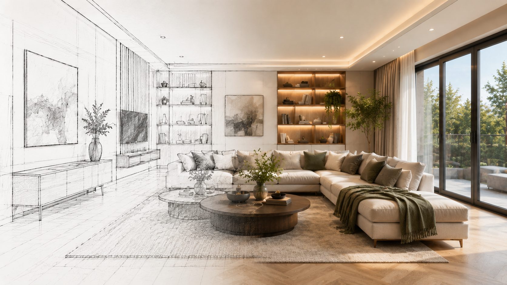AI redesigned living room with new sofa and styling