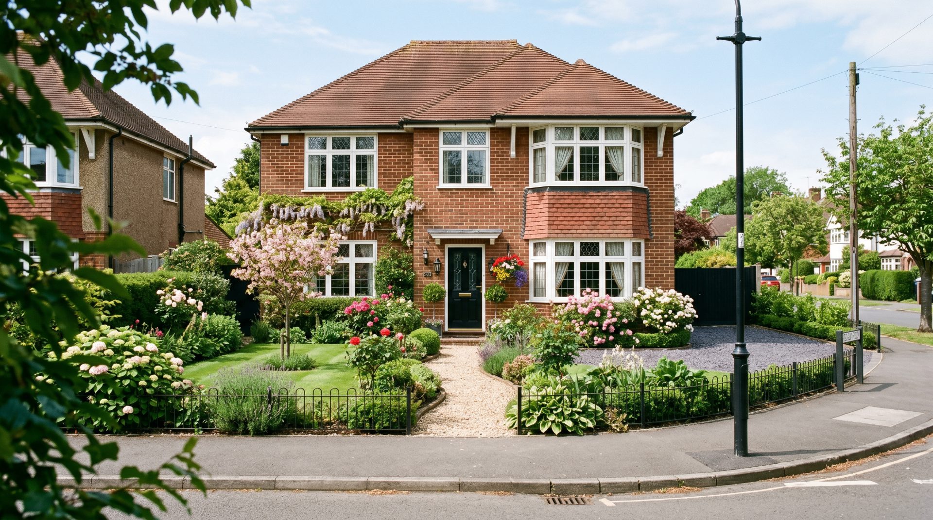 Beautiful brick home with flowering front garden, gravel path and restored kerb appeal