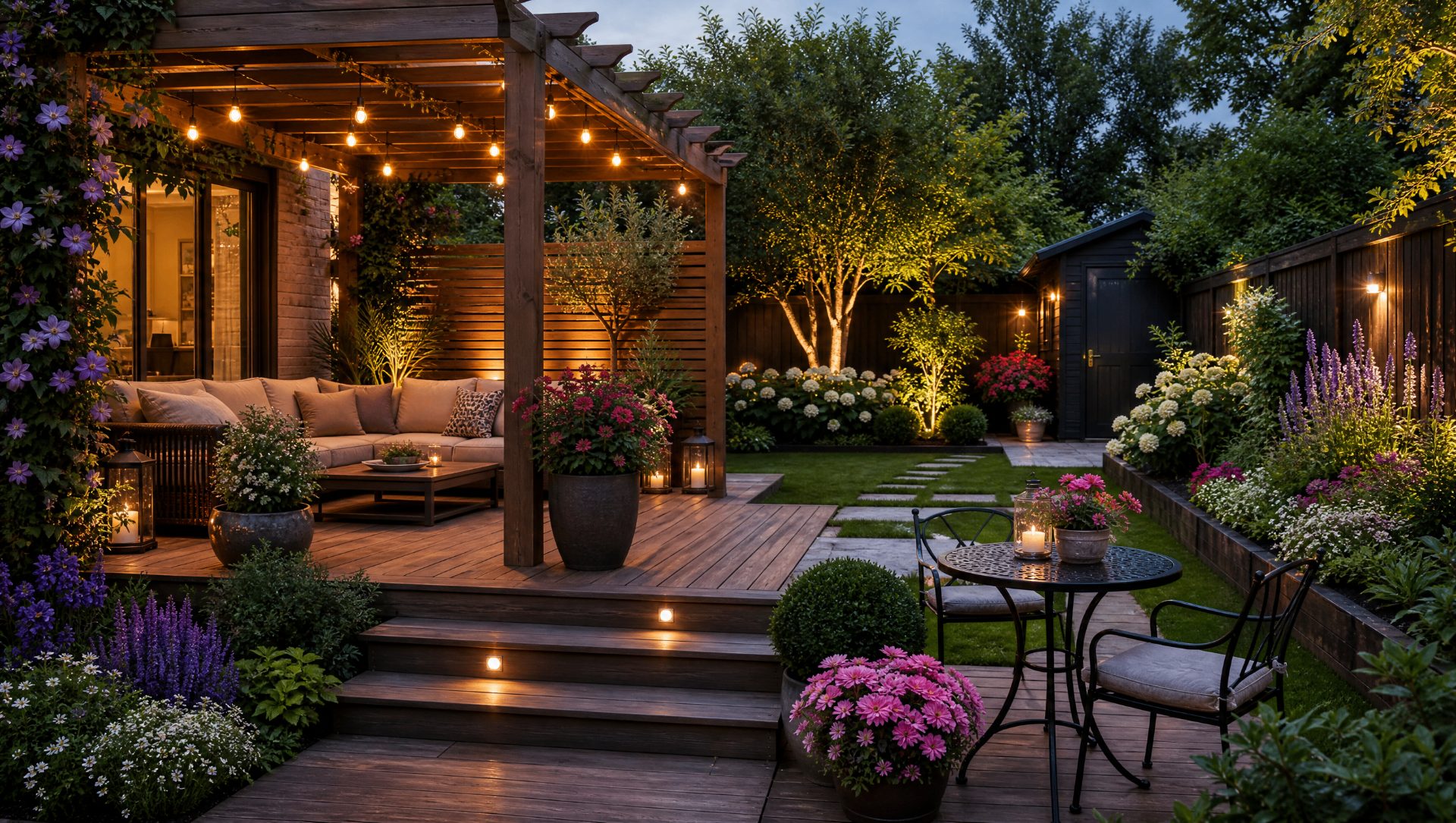 AI redesigned garden patio with planting and seating
