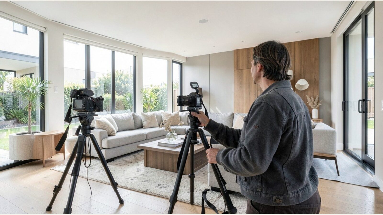 Property photographer reviewing AI staged listing photos
